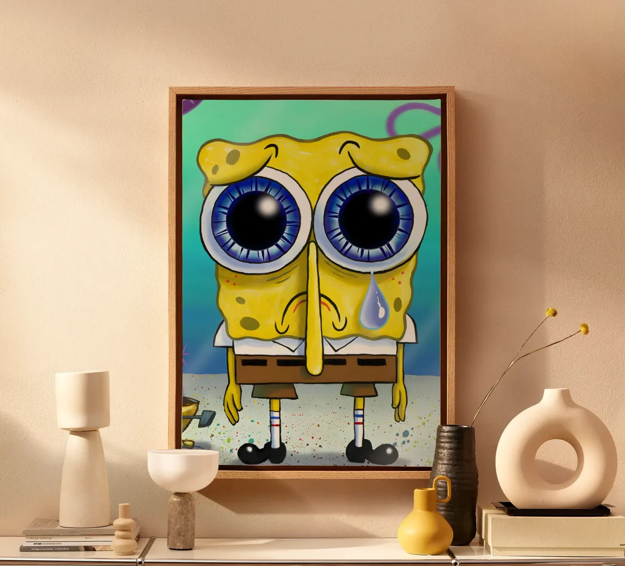 sad SpongeBob canvas met Baklijst van Low poly art