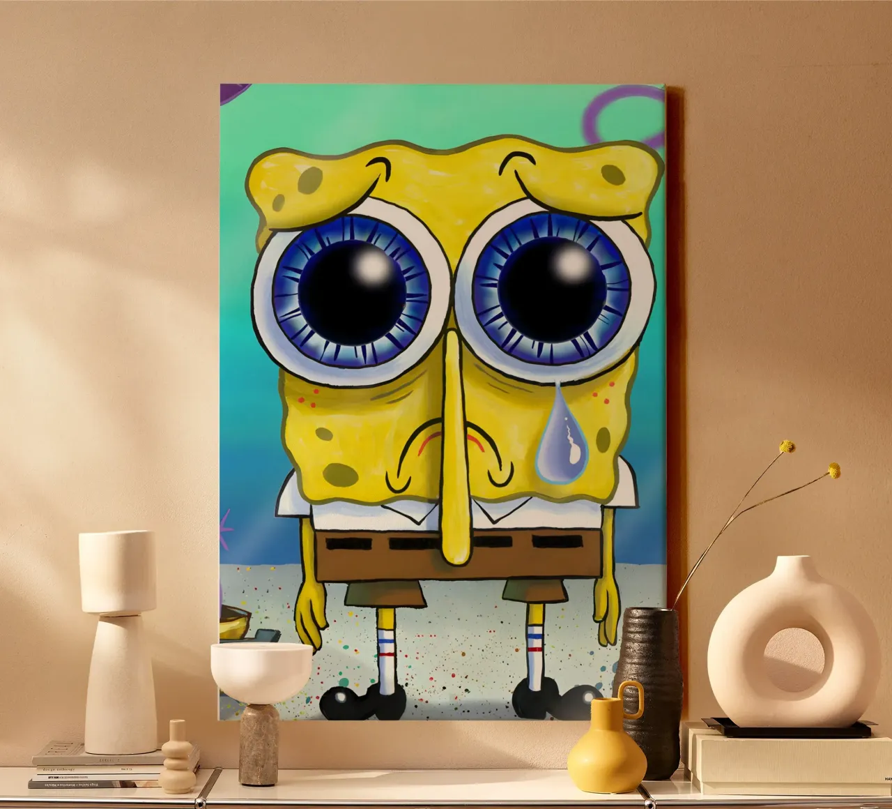 sad SpongeBob canvas met Baklijst van Low poly art