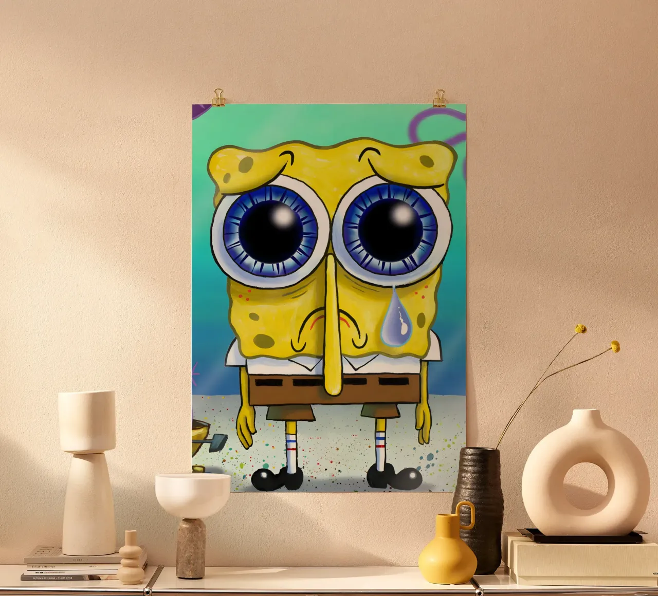 sad SpongeBob poster con telaio in plastica da Low poly art