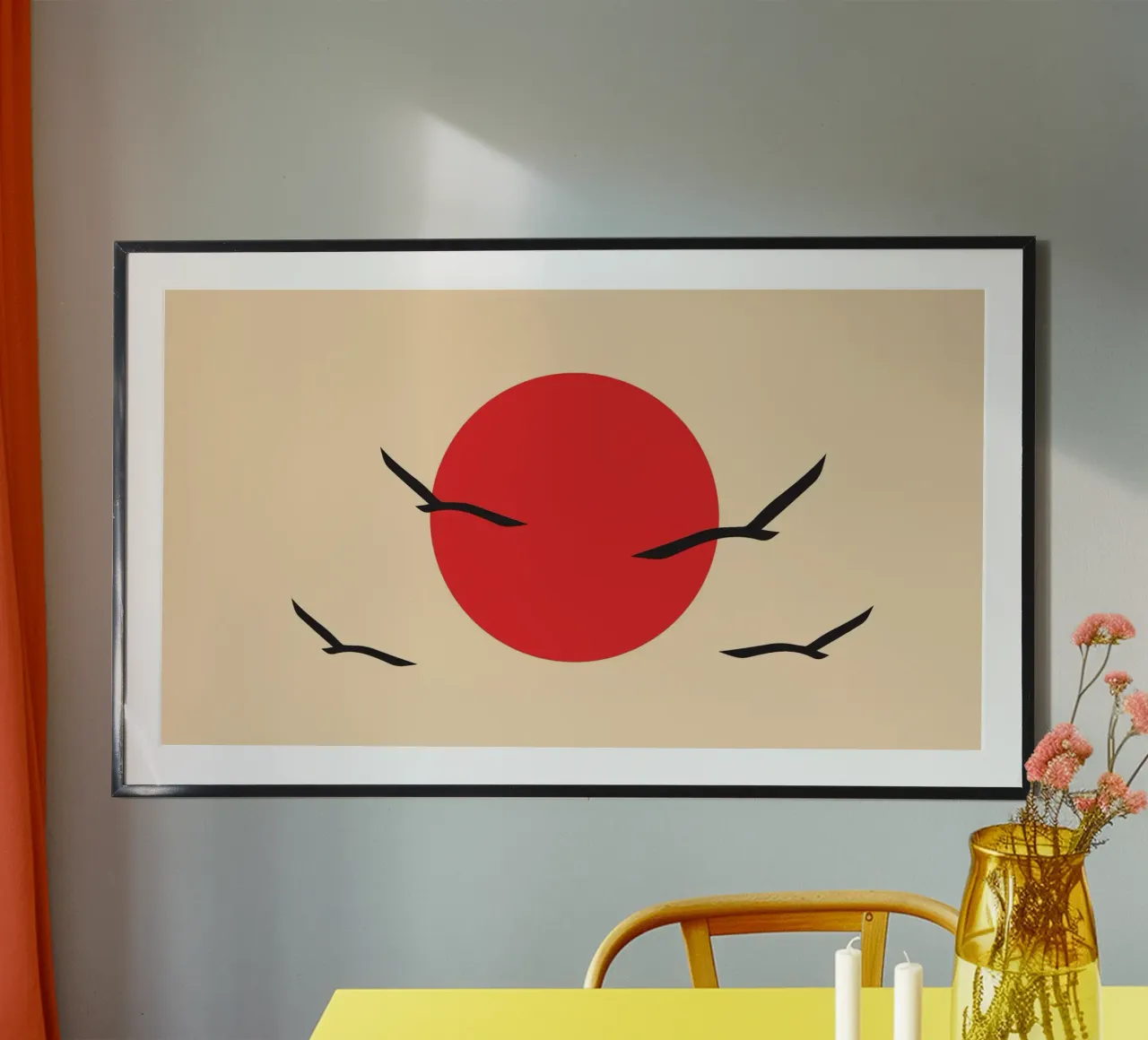 Asia Bandiera rossa del Giappone con uccello poster con telaio in plastica da galihstudio
