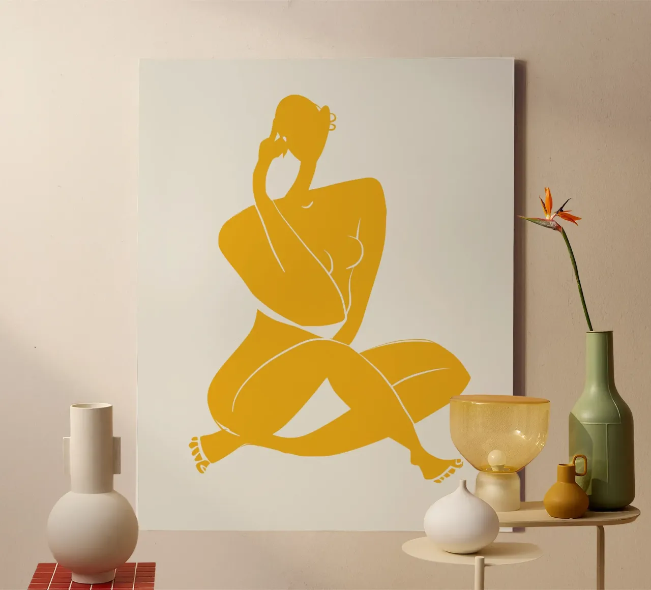 Naakt op geel 02 canvas met Baklijst van Little Dean