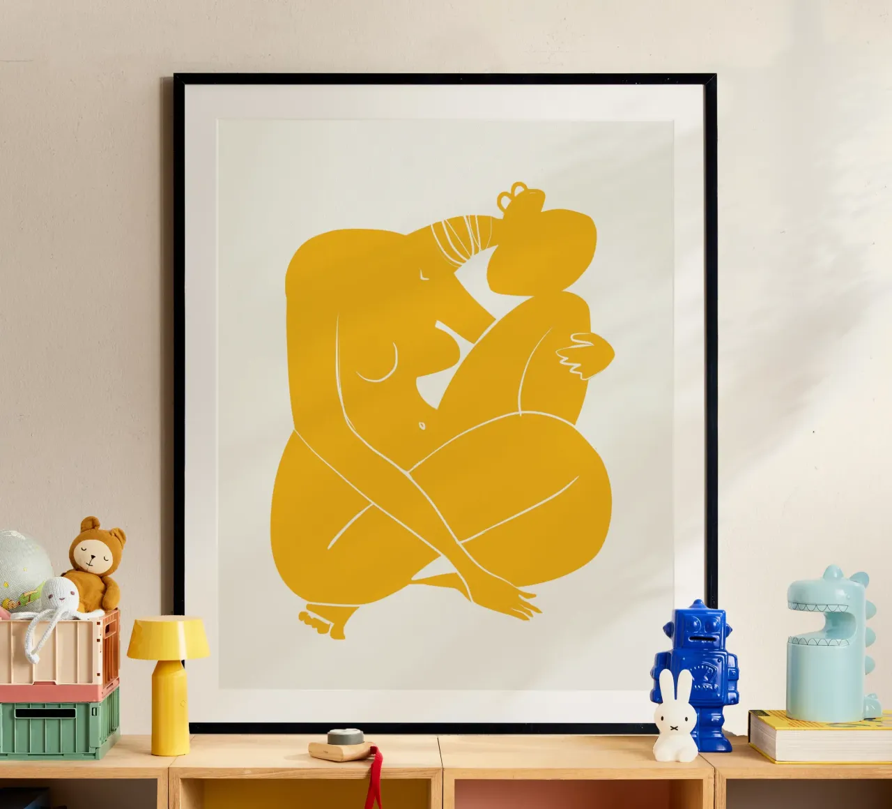 Nudo su giallo 03 poster con telaio in plastica da Little Dean