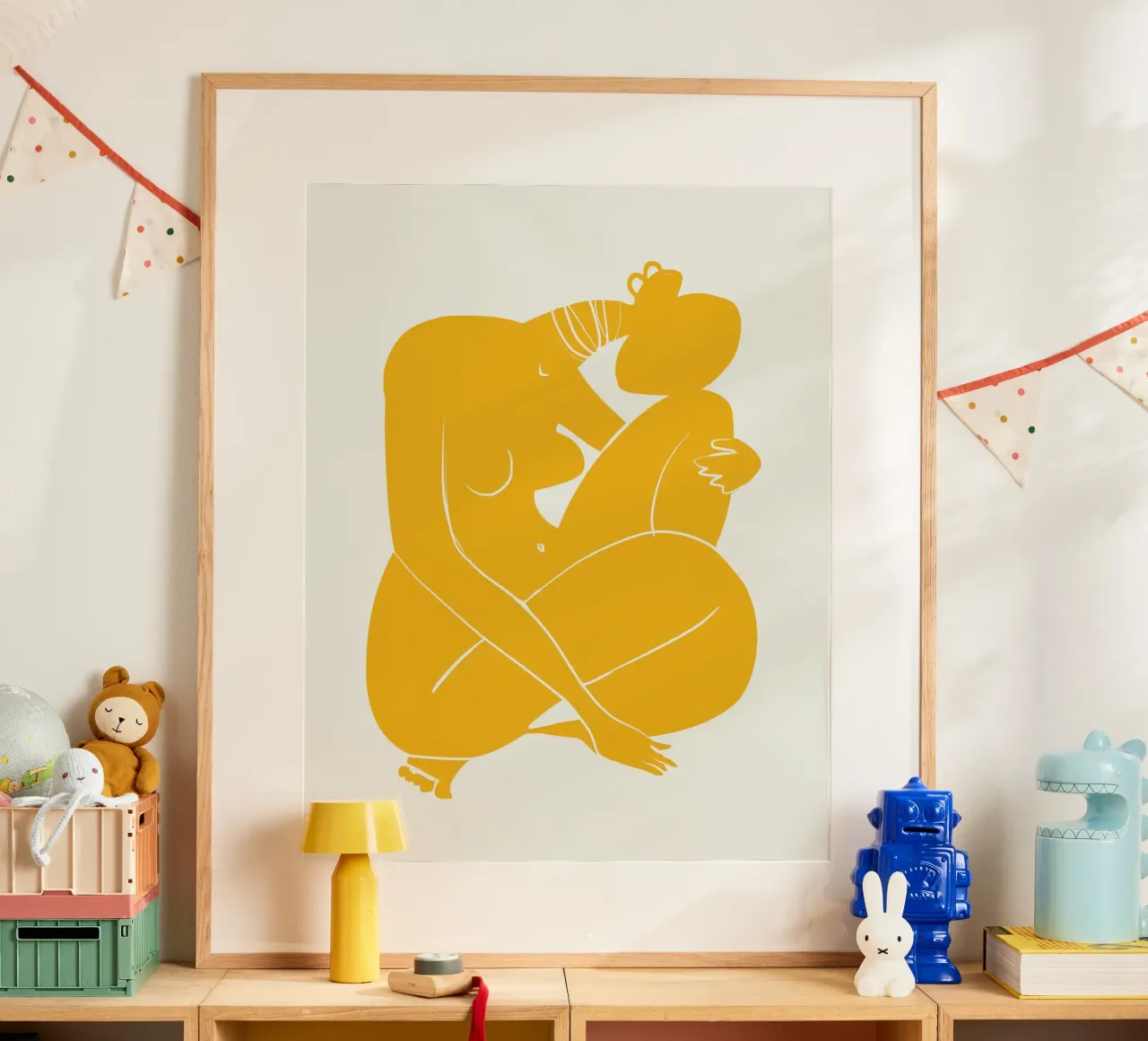 Nudo su giallo 03 poster con telaio in plastica da Little Dean
