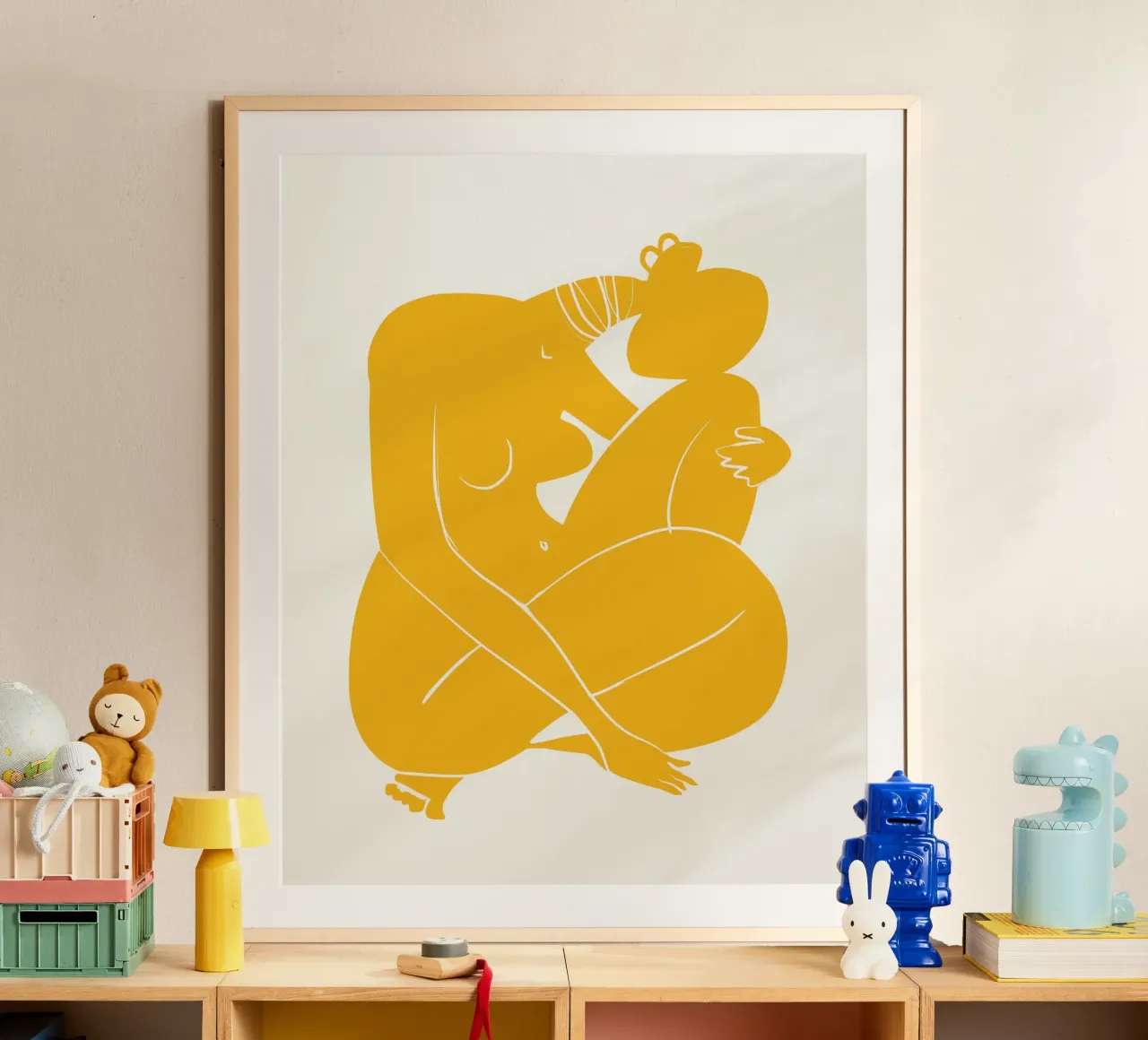 Nudo su giallo 03 poster con telaio in plastica da Little Dean
