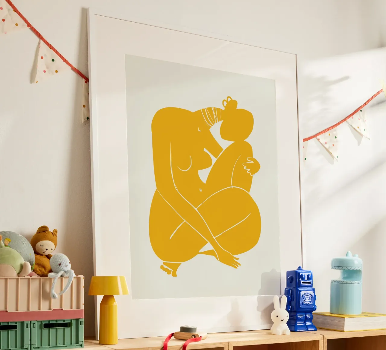 Nudo su giallo 03 poster con telaio in plastica da Little Dean