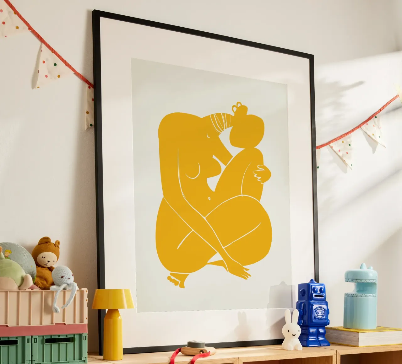 Nudo su giallo 03 poster con telaio in plastica da Little Dean