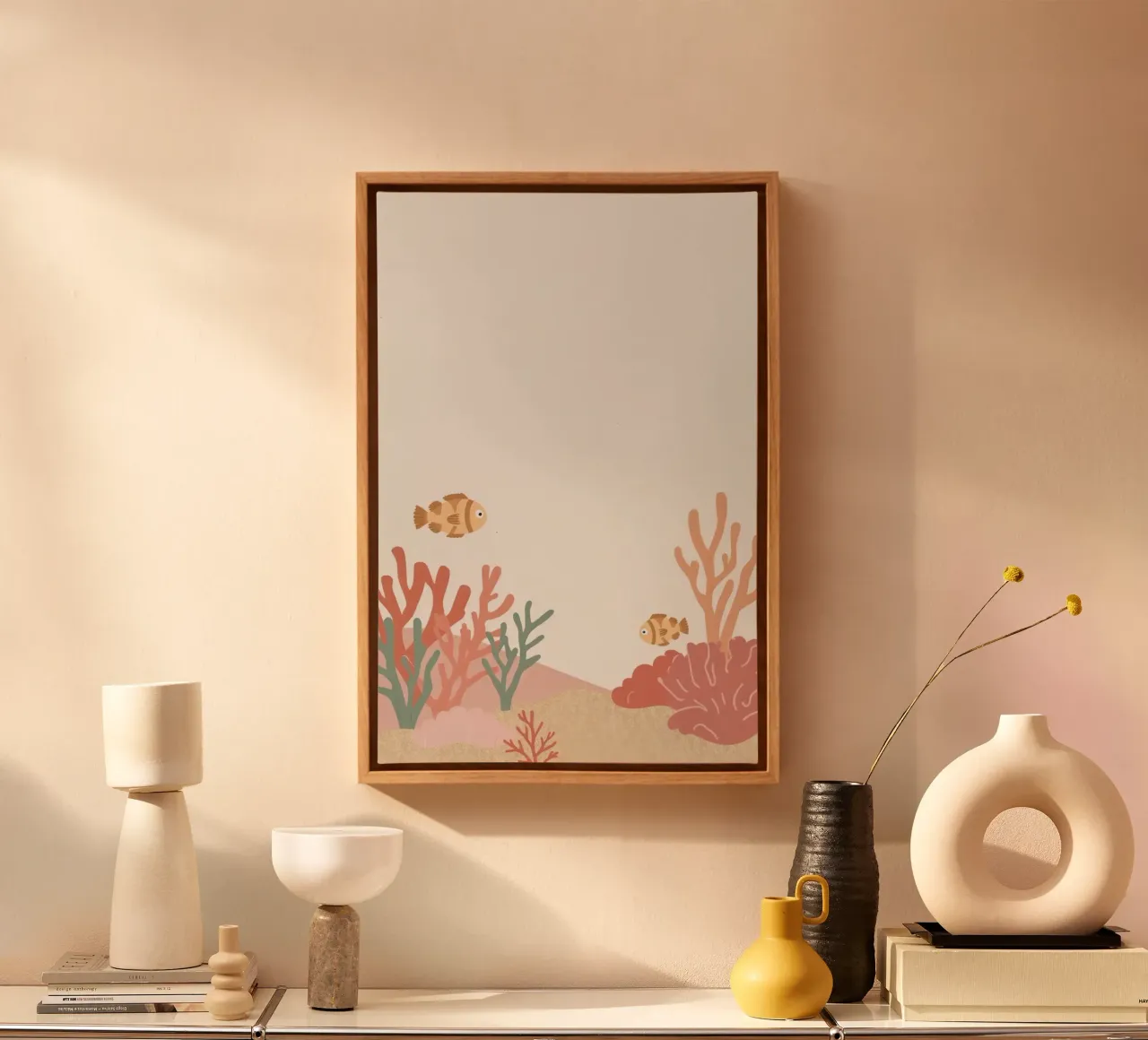 Schattige twee clownvissen met koraal en zeebodem canvas met Baklijst van DesignDoodle