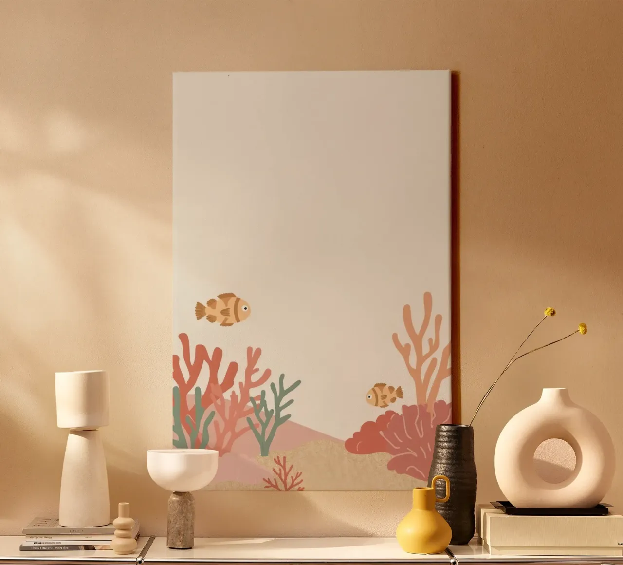 Schattige twee clownvissen met koraal en zeebodem canvas met Baklijst van DesignDoodle