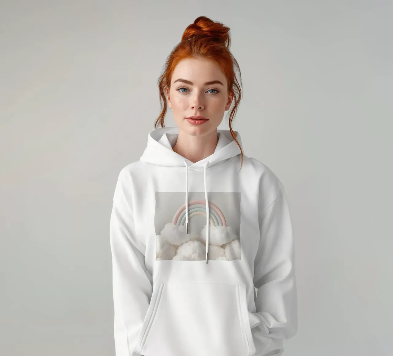 Simpatico arcobaleno pastello con nuvole bianche e soffici felpa con cappuccio da DesignDoodle