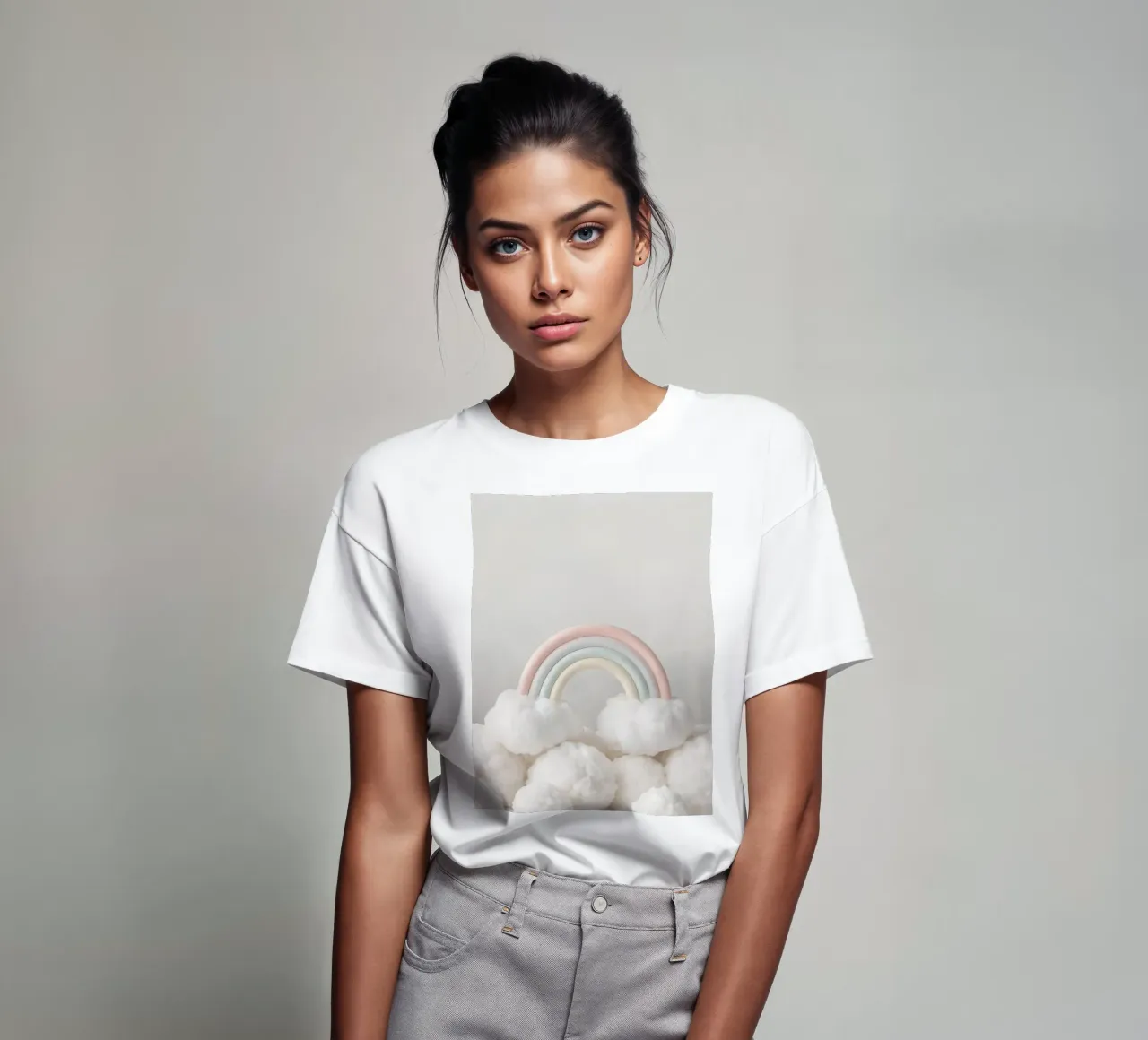 Simpatico arcobaleno pastello con nuvole bianche e soffici t-shirt da DesignDoodle