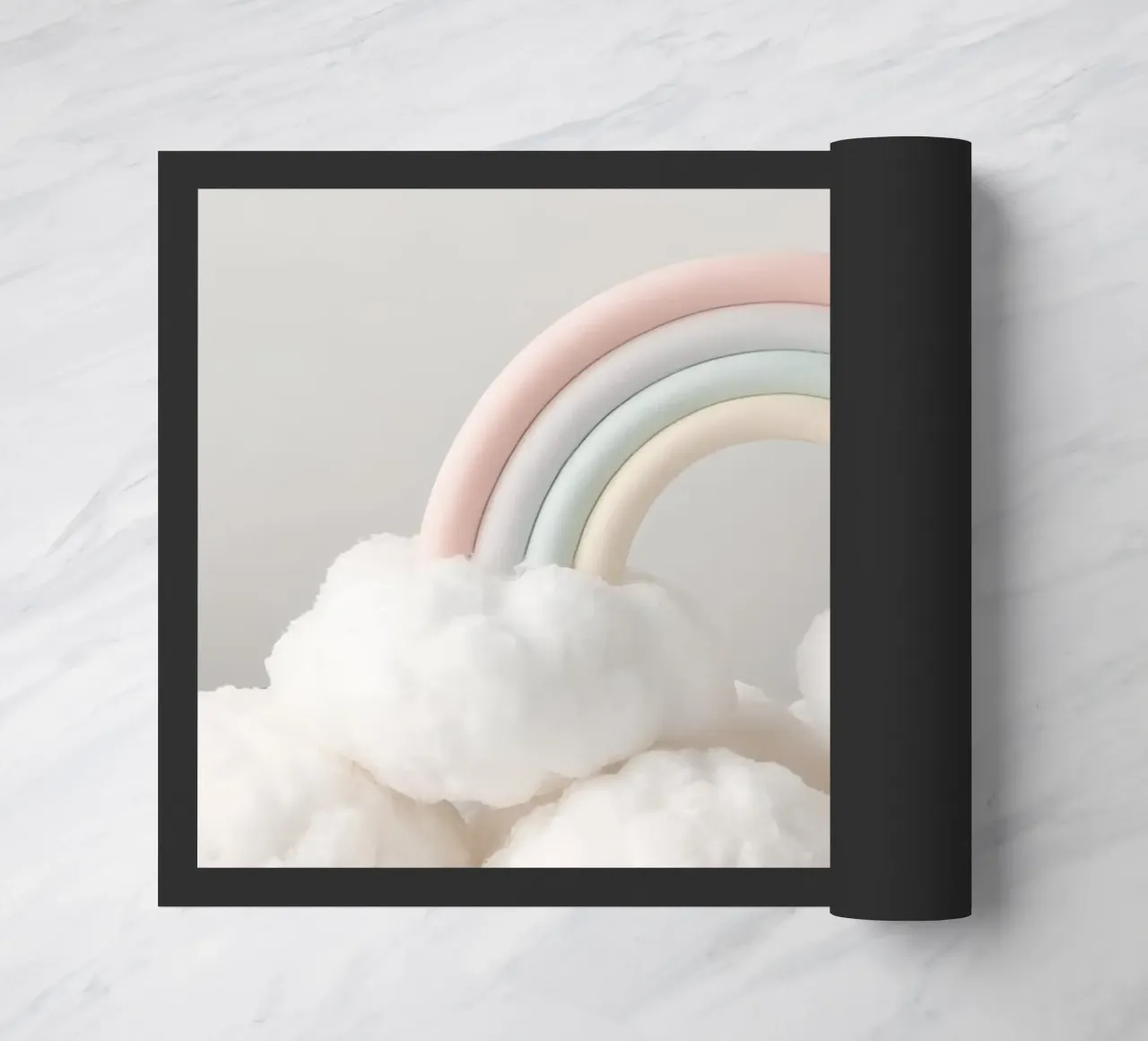 Simpatico arcobaleno pastello con nuvole bianche e soffici zerbino da DesignDoodle