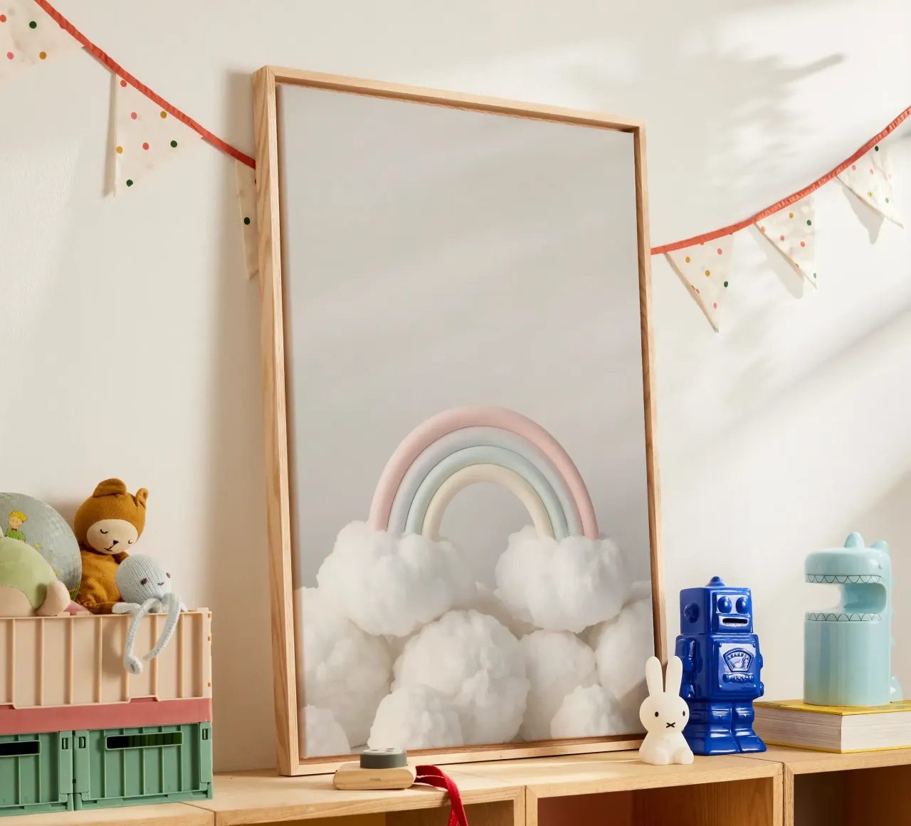 Simpatico arcobaleno pastello con nuvole bianche e soffici tela con Cornice a cassetta da DesignDoodle