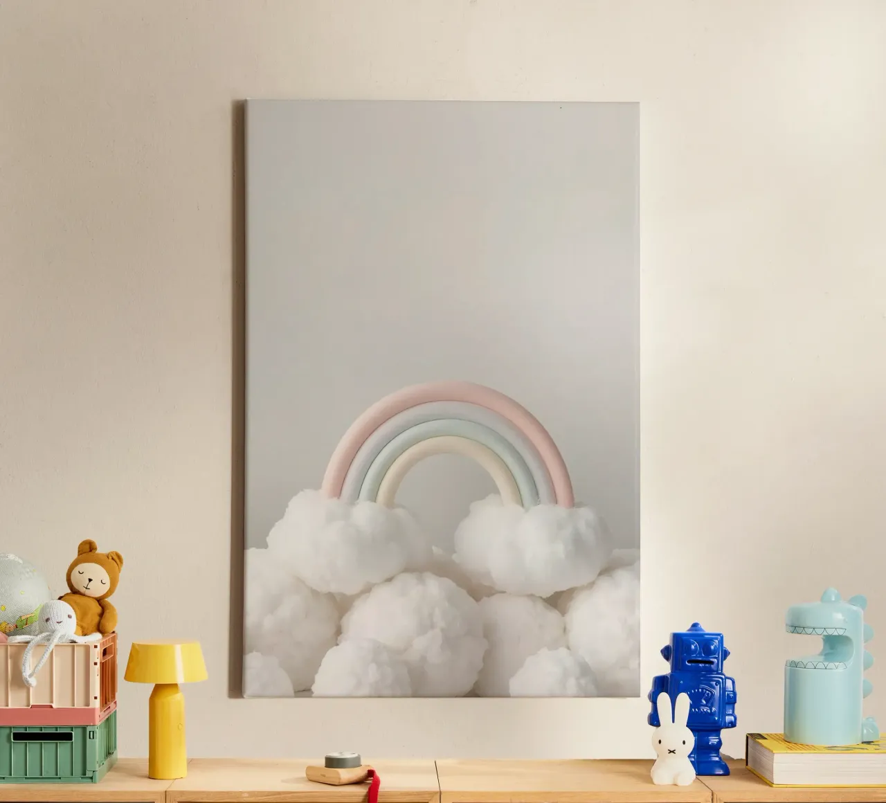 Simpatico arcobaleno pastello con nuvole bianche e soffici tela con Cornice a cassetta da DesignDoodle