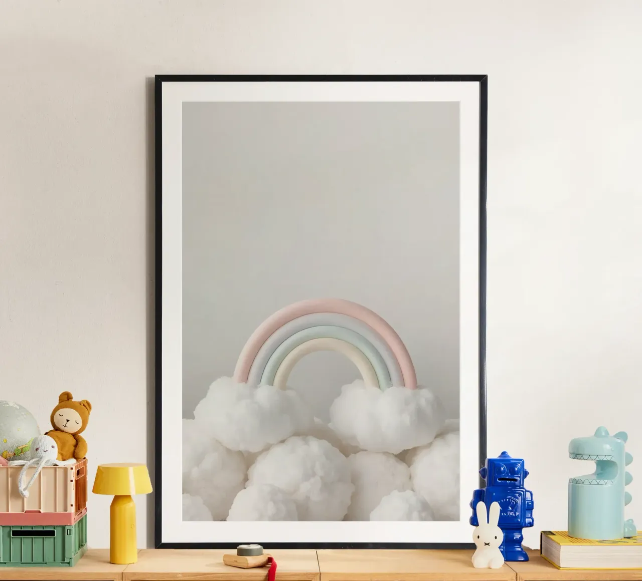 Niedlicher pastellfarbener Regenbogen mit weißen flauschigen Wolken Poster von DesignDoodle