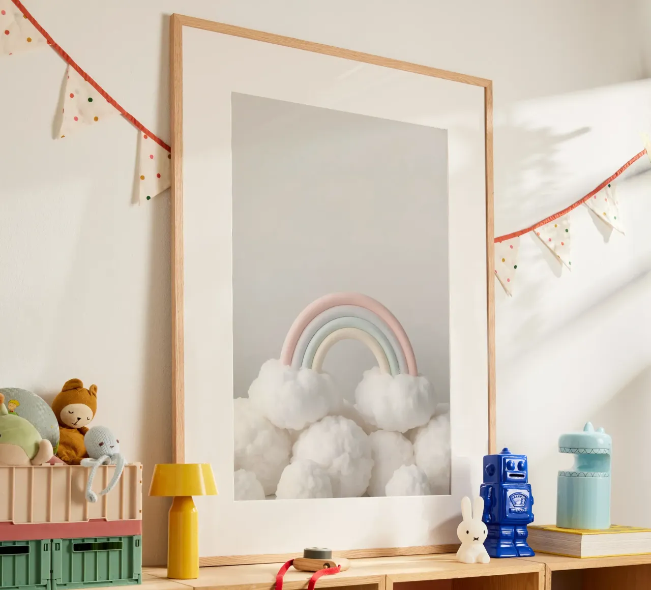 Niedlicher pastellfarbener Regenbogen mit weißen flauschigen Wolken Poster von DesignDoodle