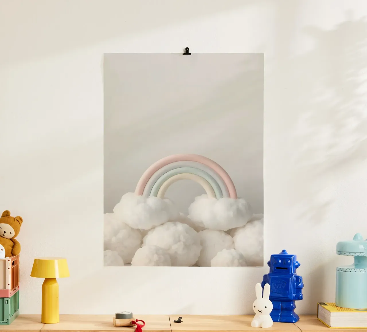 Niedlicher pastellfarbener Regenbogen mit weißen flauschigen Wolken Poster von DesignDoodle