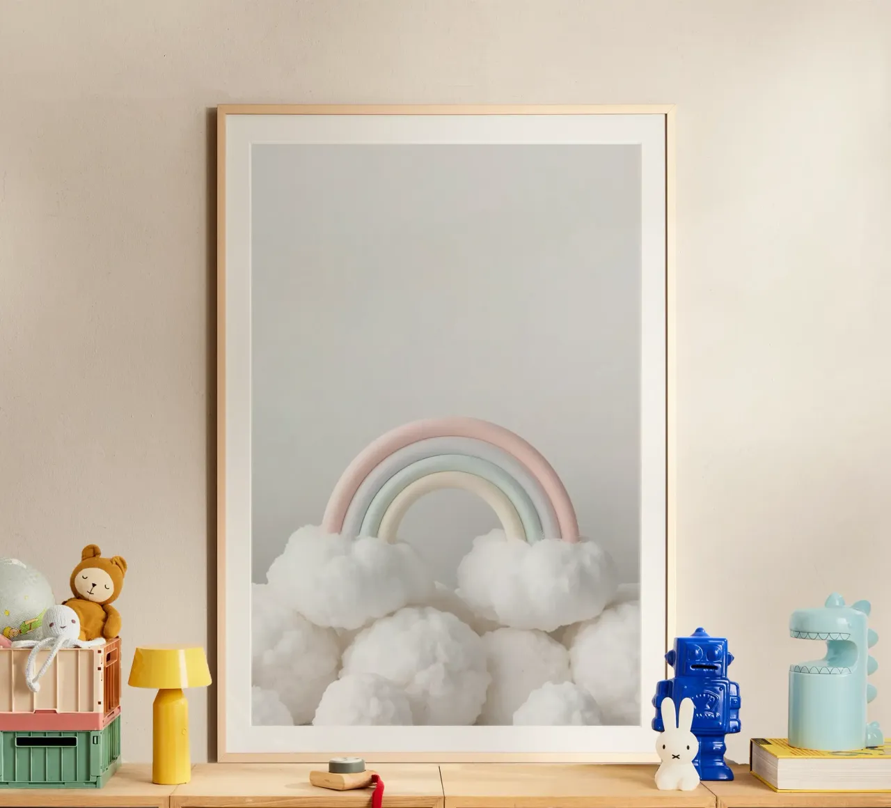 Niedlicher pastellfarbener Regenbogen mit weißen flauschigen Wolken Poster von DesignDoodle