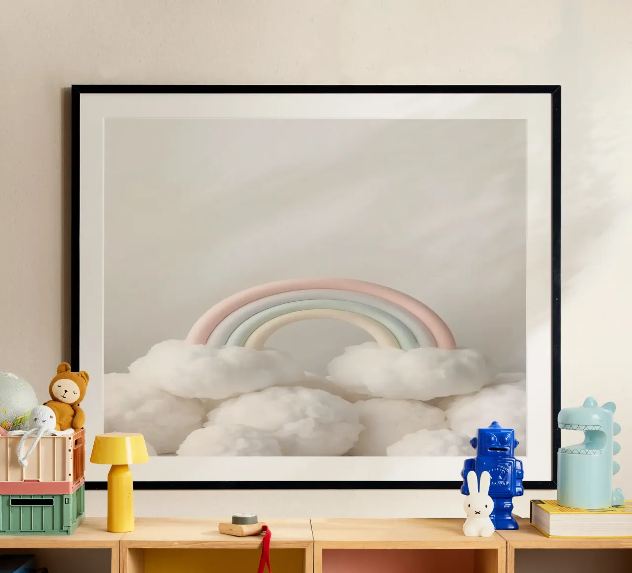 Niedlicher pastellfarbener Regenbogen mit weißen flauschigen Wolken Poster von DesignDoodle