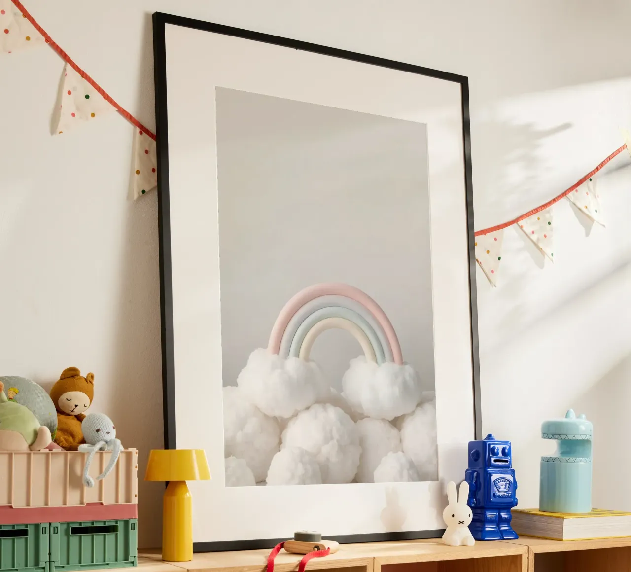 Niedlicher pastellfarbener Regenbogen mit weißen flauschigen Wolken Poster von DesignDoodle