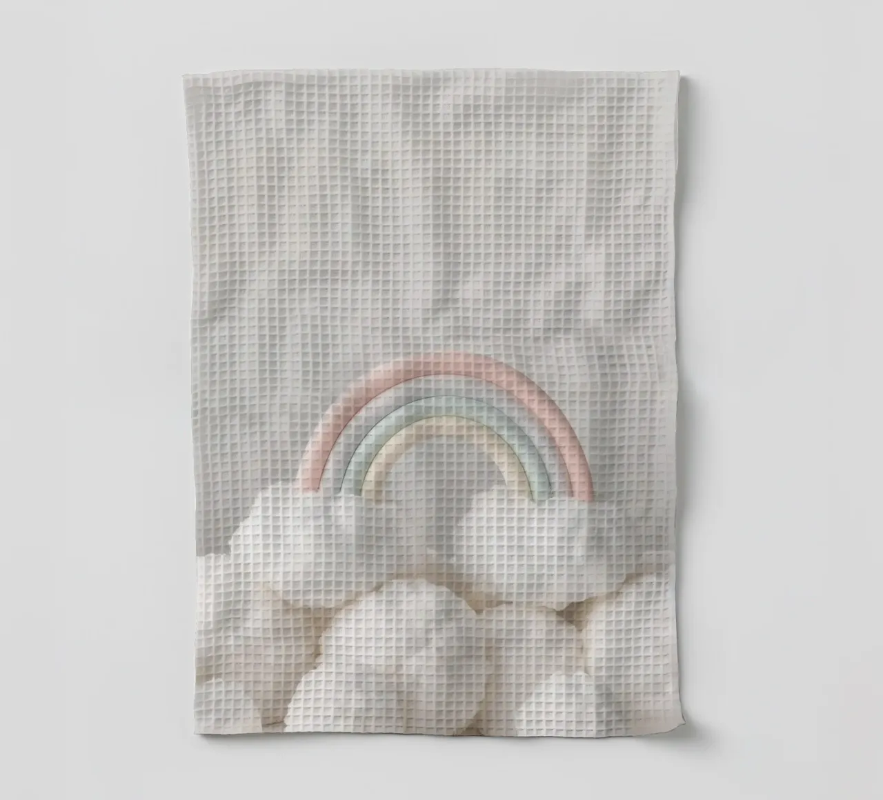 Simpatico arcobaleno pastello con nuvole bianche e soffici canovaccio da cucina da DesignDoodle