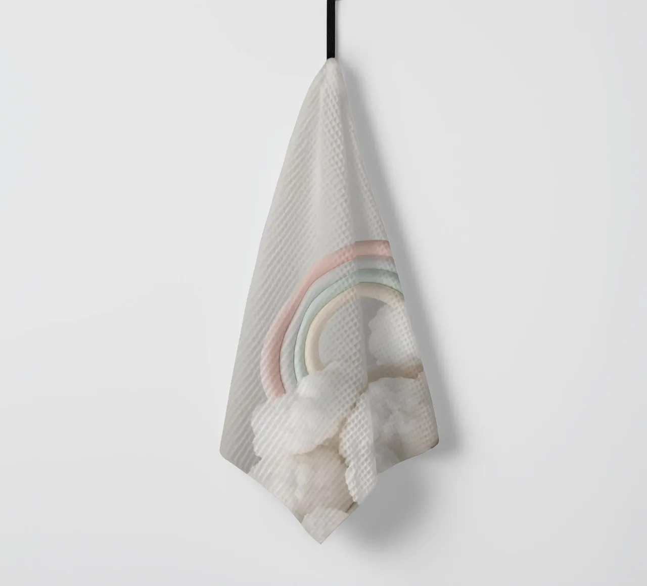 Simpatico arcobaleno pastello con nuvole bianche e soffici canovaccio da cucina da DesignDoodle