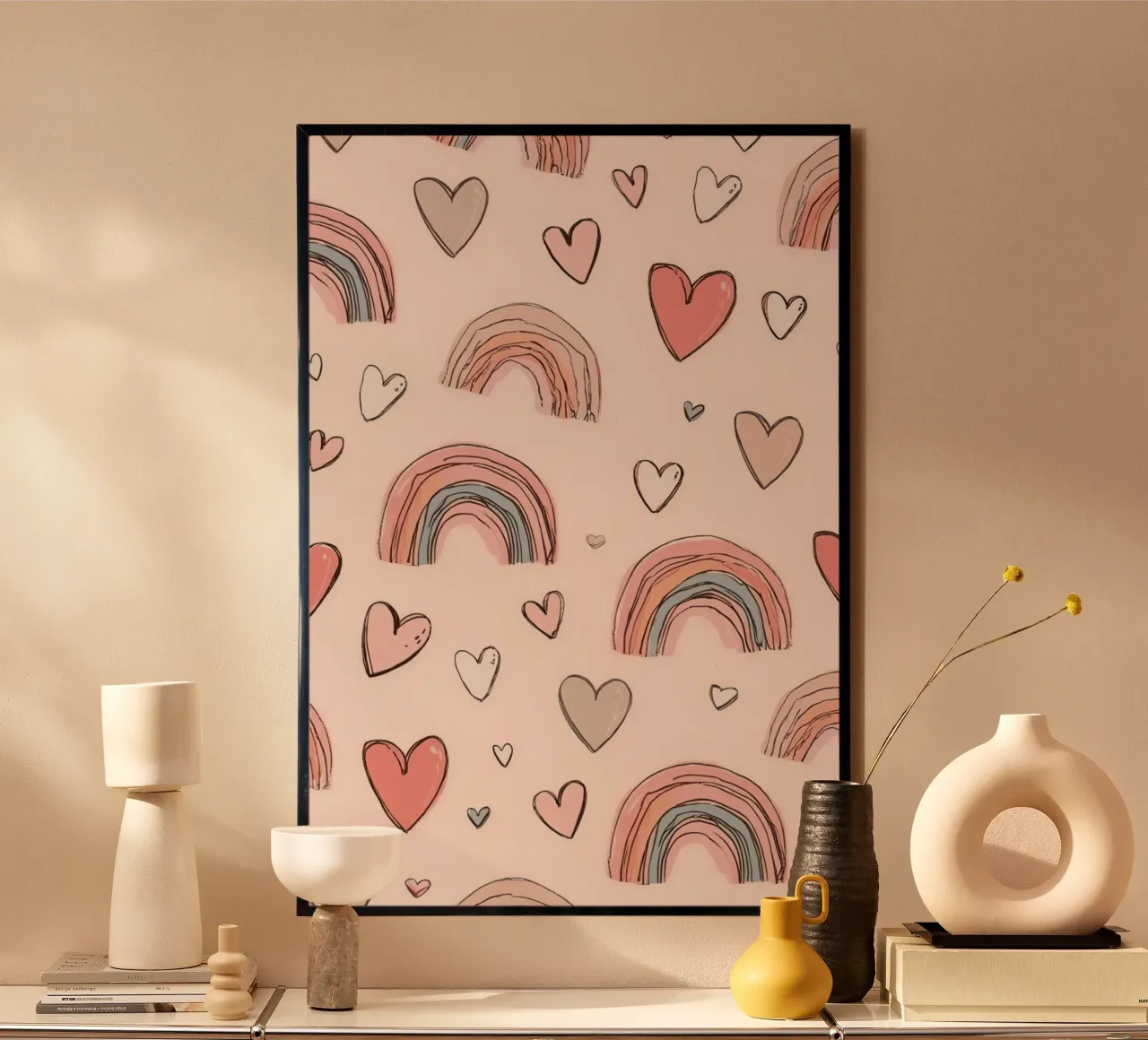 Cute Pastel Rainbows and Hearts Pattern on Pink Background poster by DesignDoodle