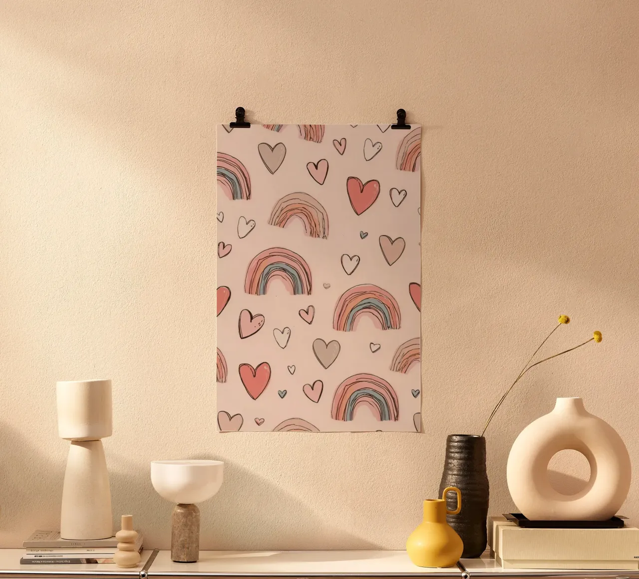 Cute Pastel Rainbows and Hearts Pattern on Pink Background poster by DesignDoodle