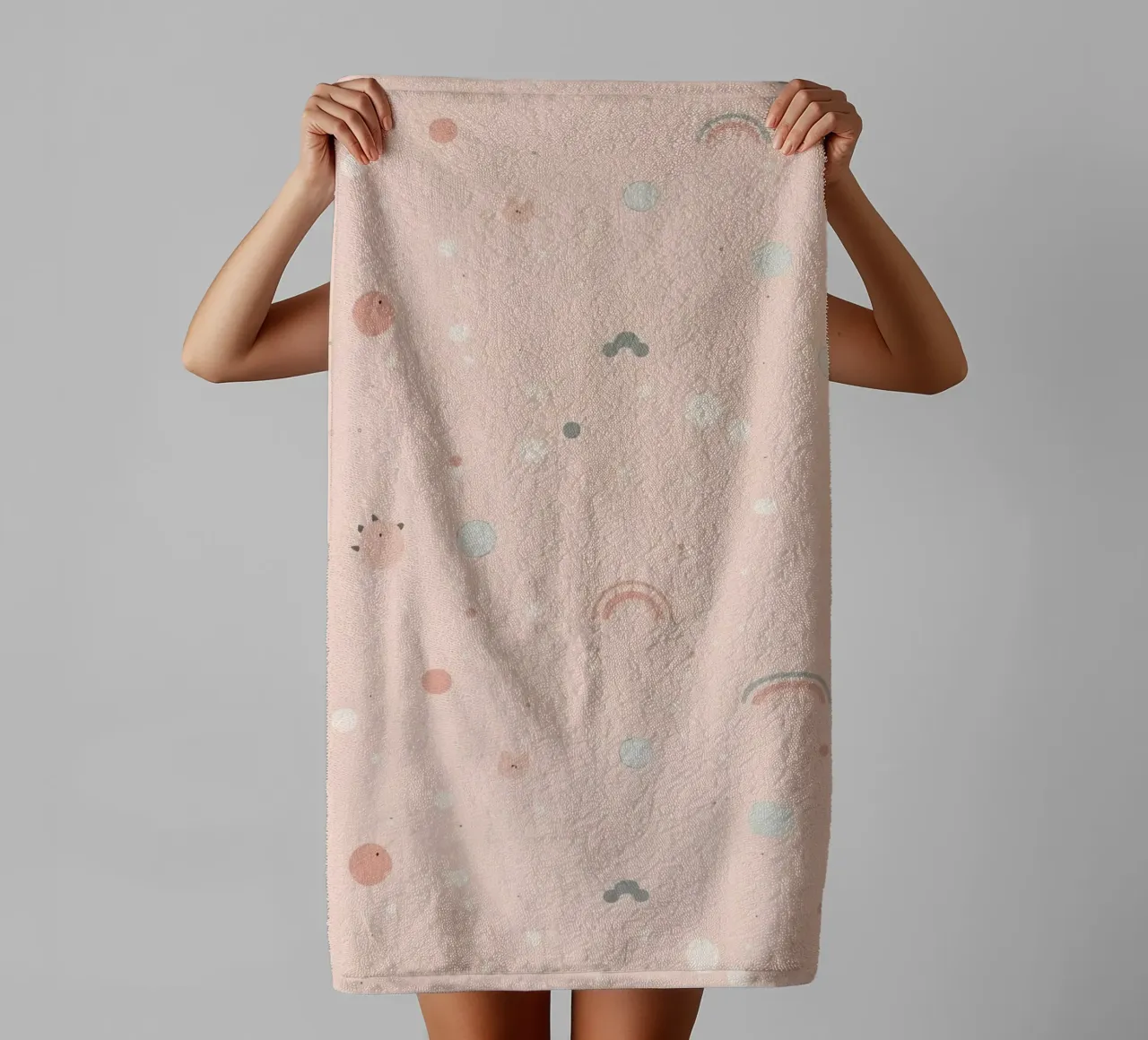 Pattern with Pastel Shapes Circles Rainbows on Peach towel by DesignDoodle