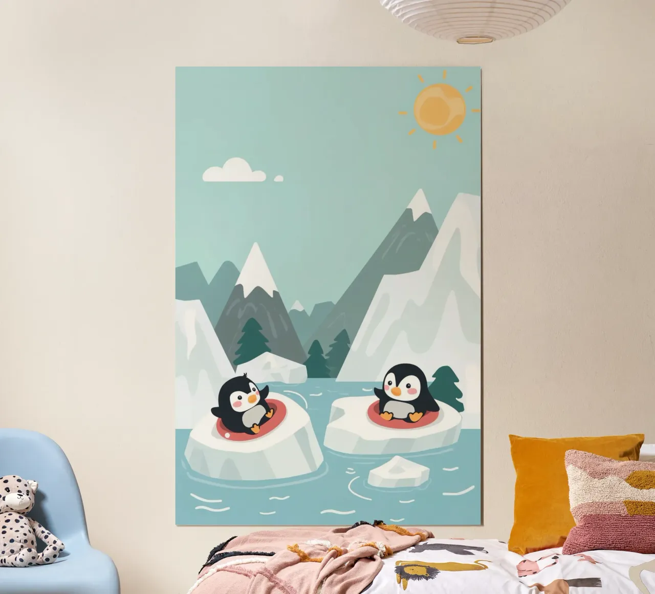 Simpatici pinguini in galleggianti su ghiaccioli poster con telaio in legno da DesignDoodle