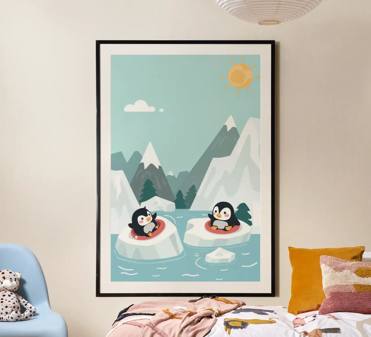 Simpatici pinguini in galleggianti su ghiaccioli poster con telaio in legno da DesignDoodle