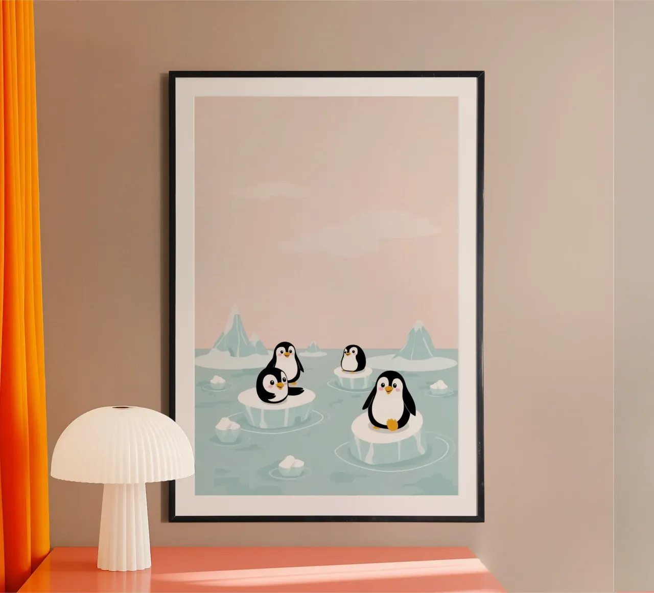 Pinguini felici e carini su banchi di ghiaccio Artico poster con telaio in alluminio da DesignDoodle