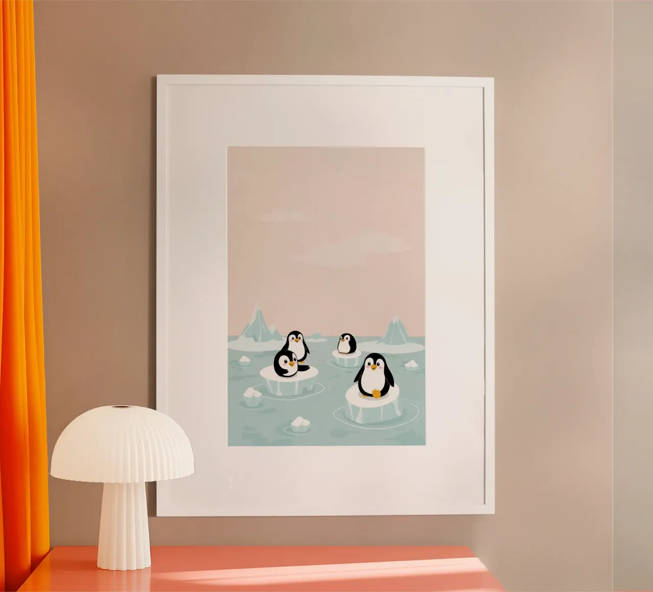 Pinguini felici e carini su banchi di ghiaccio Artico poster con telaio in alluminio da DesignDoodle
