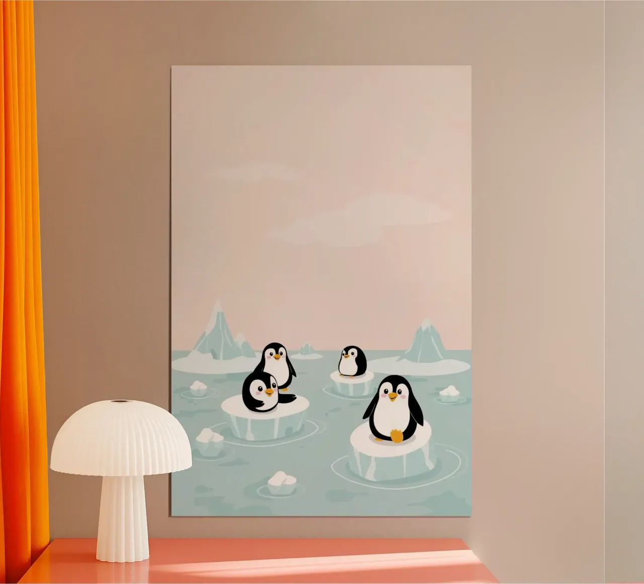 Pinguini felici e carini su banchi di ghiaccio Artico poster con telaio in alluminio da DesignDoodle