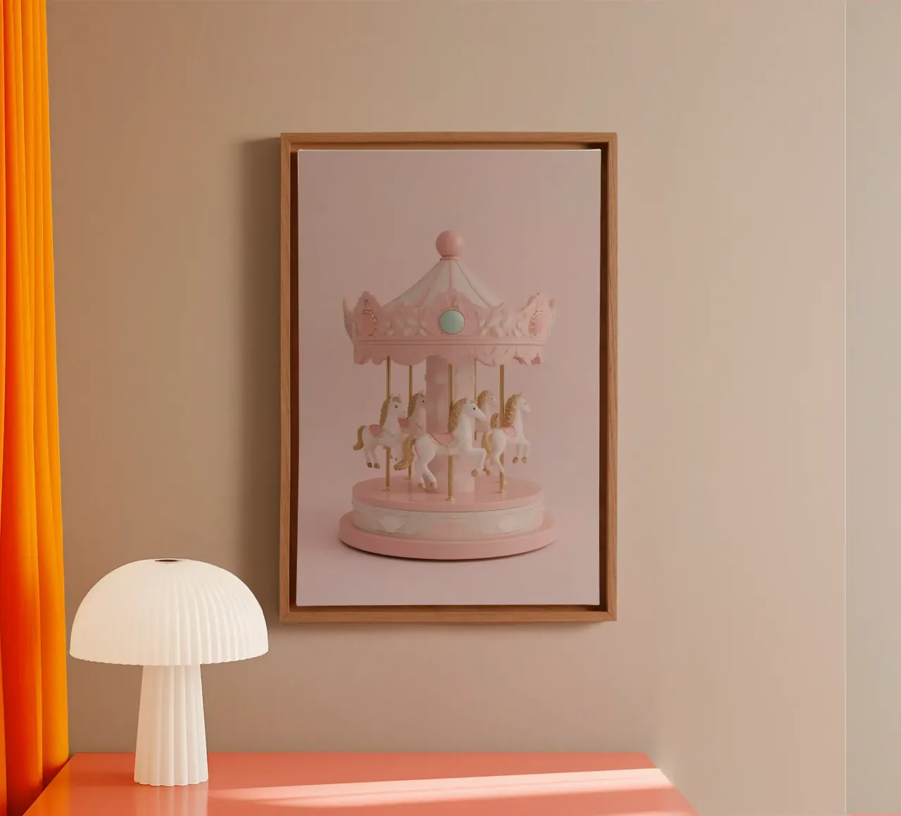 Cute Pink Carousel with White Horses canvas with Floater frame by DesignDoodle
