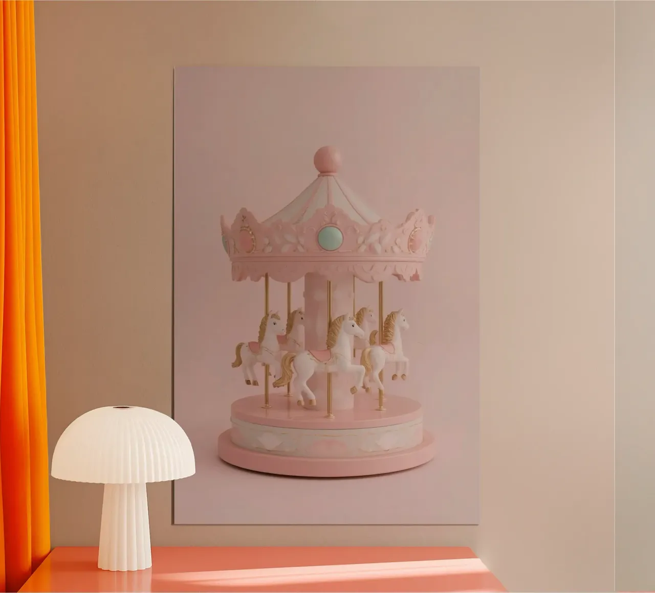 Carino il carosello rosa con cavalli bianchi poster con telaio in alluminio da DesignDoodle