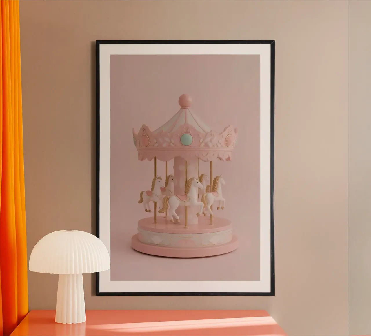 Carino il carosello rosa con cavalli bianchi poster con telaio in alluminio da DesignDoodle