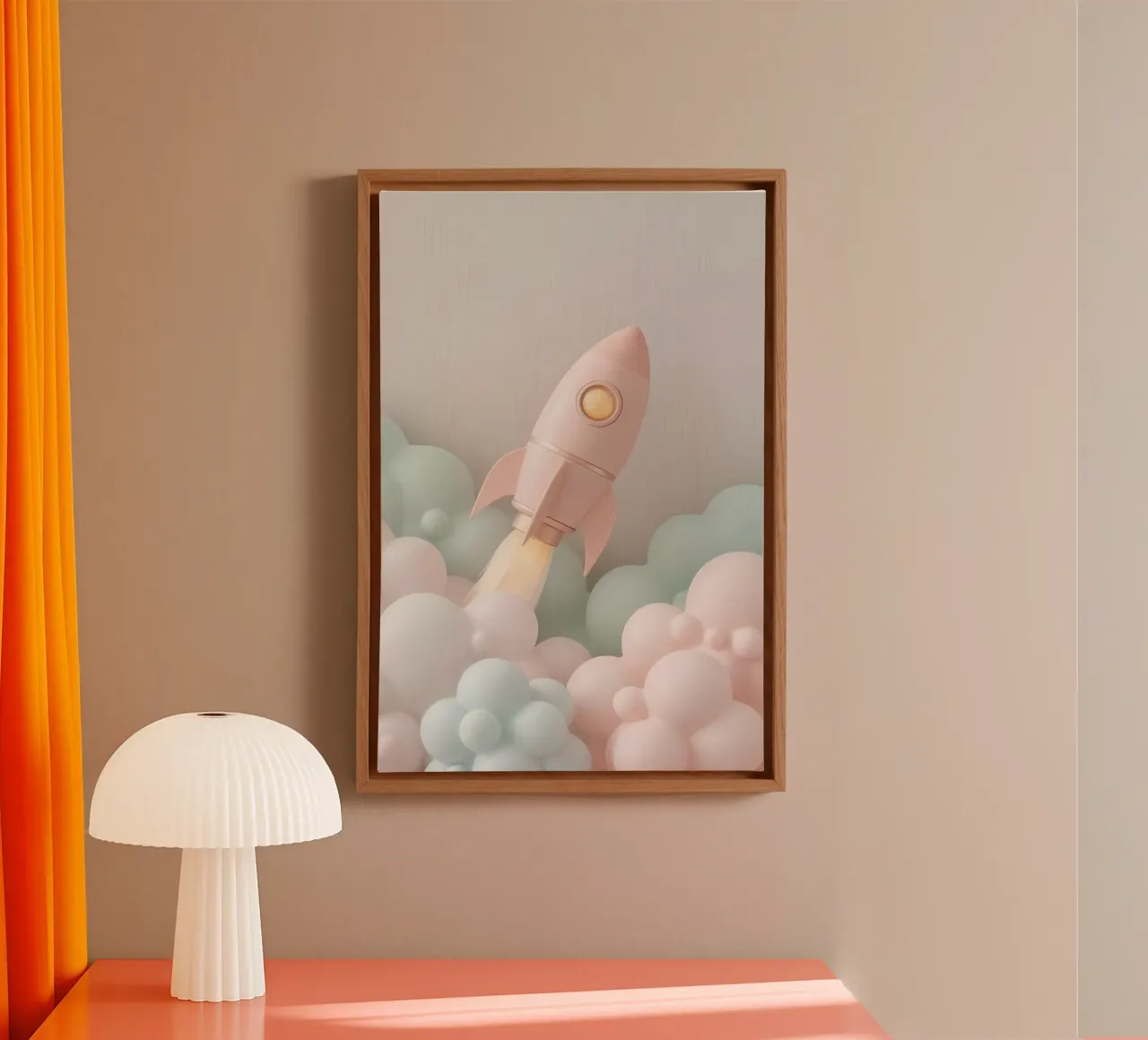 Roze raket met pastelkleurige wolken en beige achtergrond canvas met Baklijst van DesignDoodle