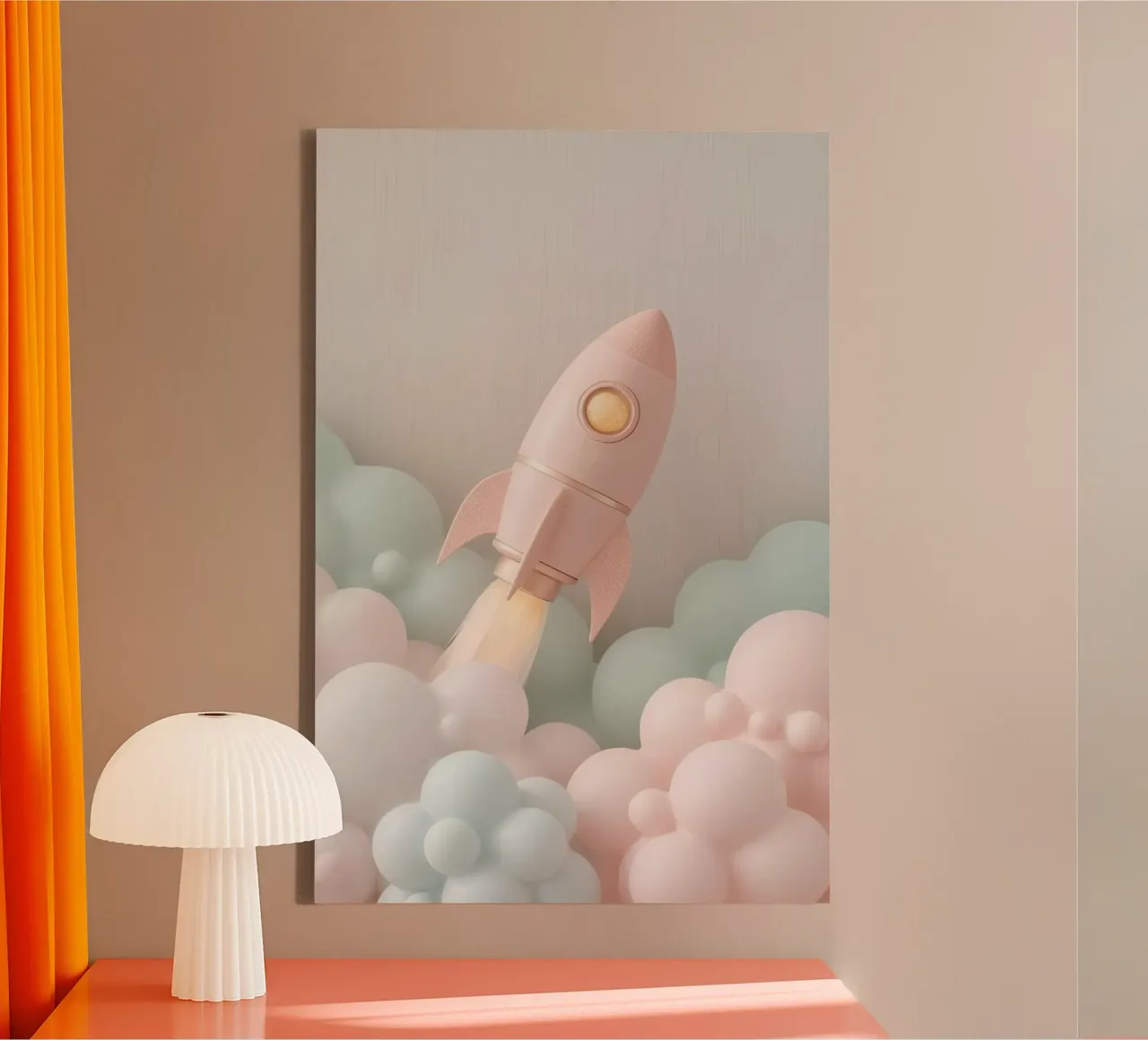 Roze raket met pastelkleurige wolken en beige achtergrond canvas met Baklijst van DesignDoodle