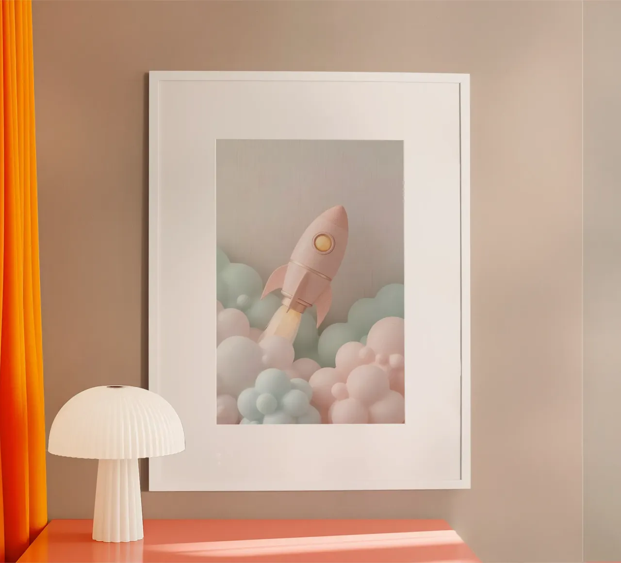 Razzo rosa con nuvole pastello e sfondo beige poster da DesignDoodle