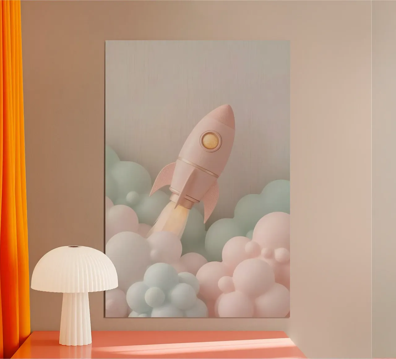 Razzo rosa con nuvole pastello e sfondo beige poster da DesignDoodle