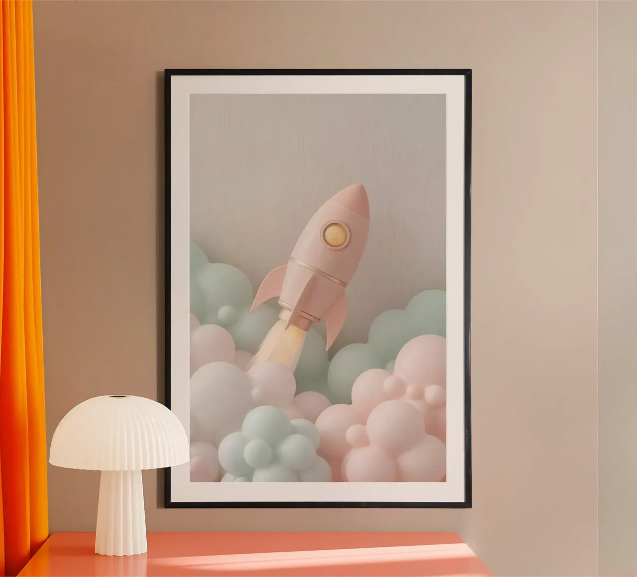 Razzo rosa con nuvole pastello e sfondo beige poster da DesignDoodle