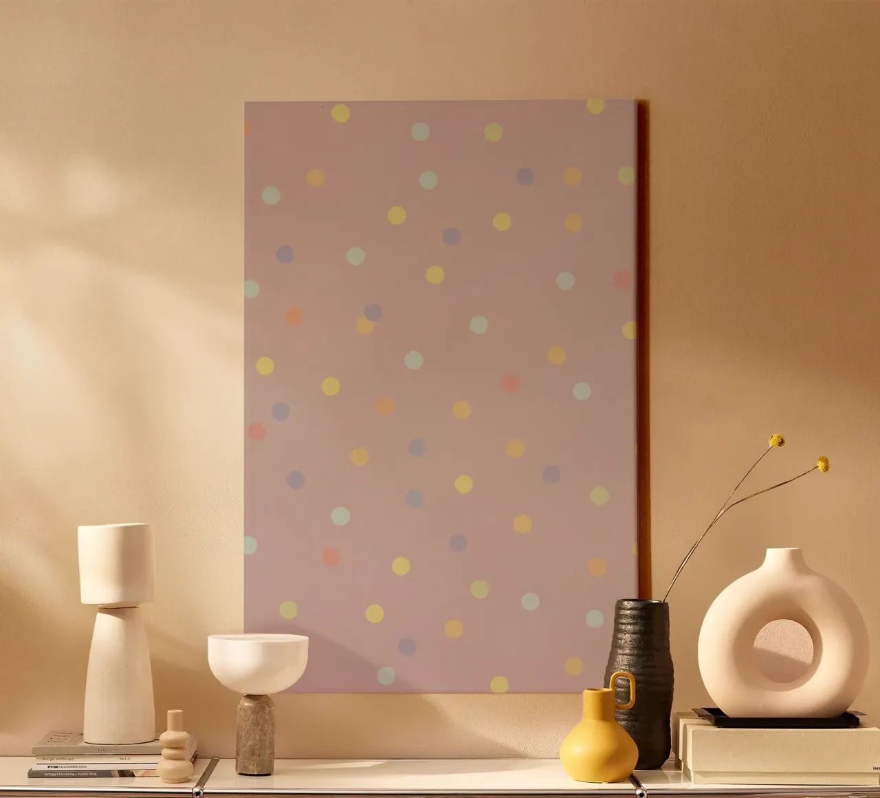 Roze oppervlak met verspreide pastelkleurige cirkels canvas met Baklijst van DesignDoodle