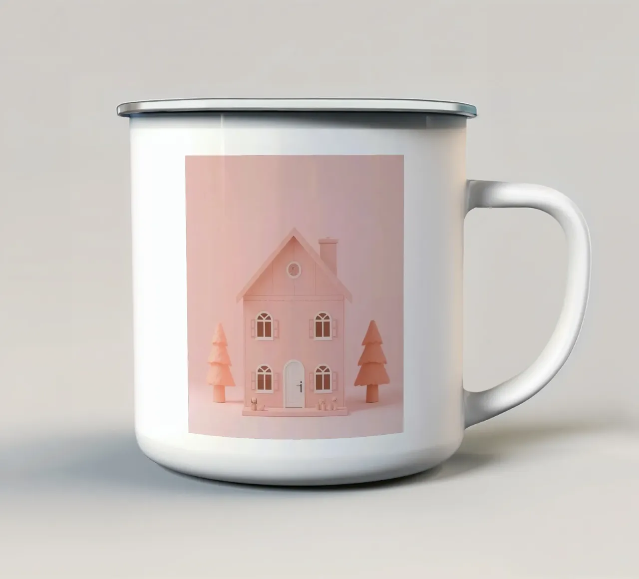 Simpatica casa giocattolo rosa con alberi e giocattoli tazza in smalto da DesignDoodle