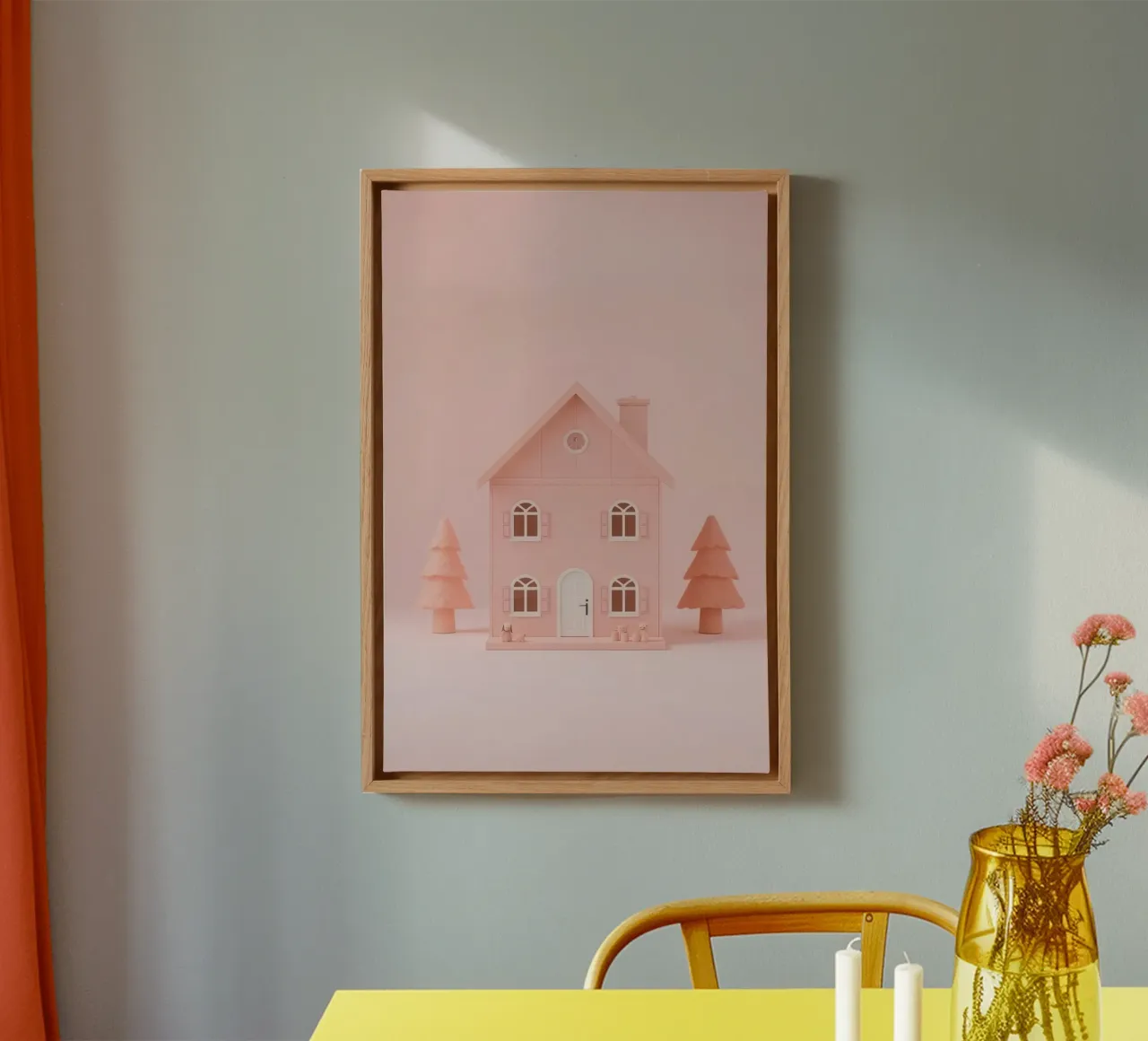 Simpatica casa giocattolo rosa con alberi e giocattoli tela con Cornice a cassetta da DesignDoodle