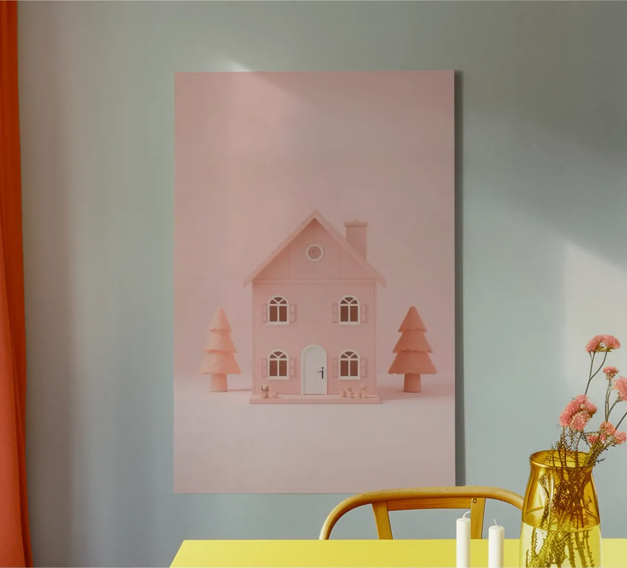 Simpatica casa giocattolo rosa con alberi e giocattoli tela con Cornice a cassetta da DesignDoodle