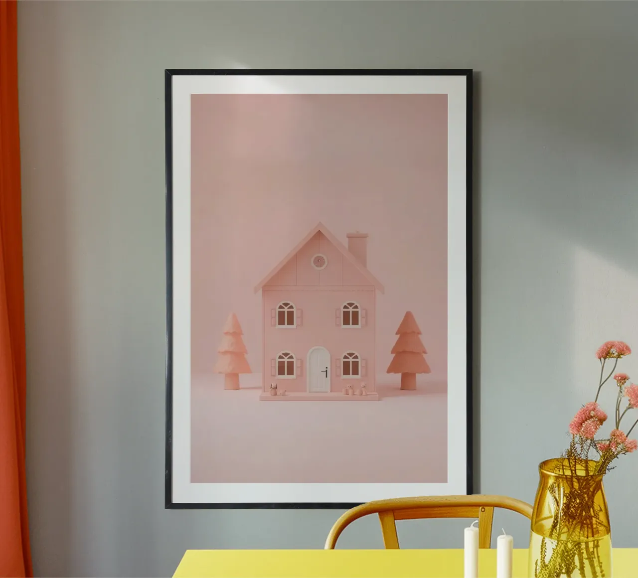 Simpatica casa giocattolo rosa con alberi e giocattoli poster con telaio in plastica da DesignDoodle