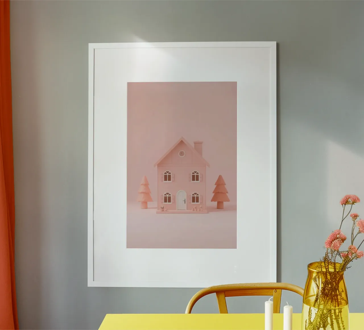 Simpatica casa giocattolo rosa con alberi e giocattoli poster con telaio in plastica da DesignDoodle