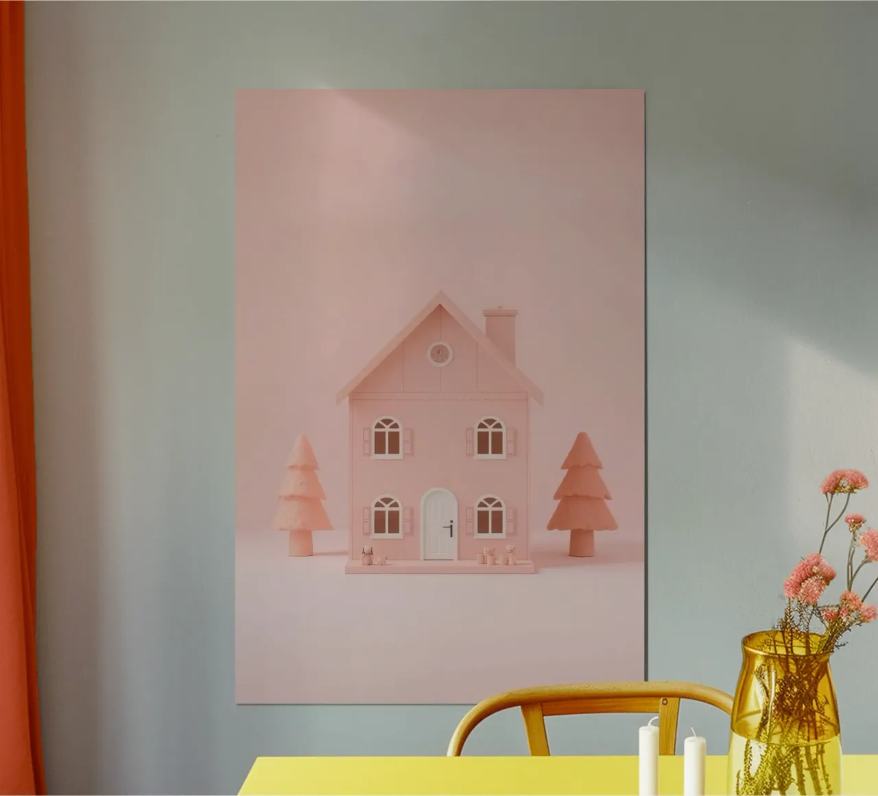Simpatica casa giocattolo rosa con alberi e giocattoli poster con telaio in plastica da DesignDoodle