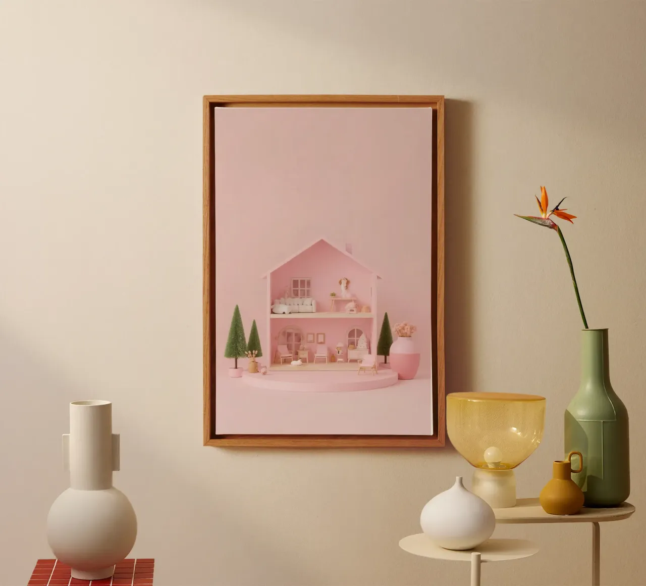 Casa delle bambole rosa a due piani, colore pastello tela con Cornice a cassetta da DesignDoodle