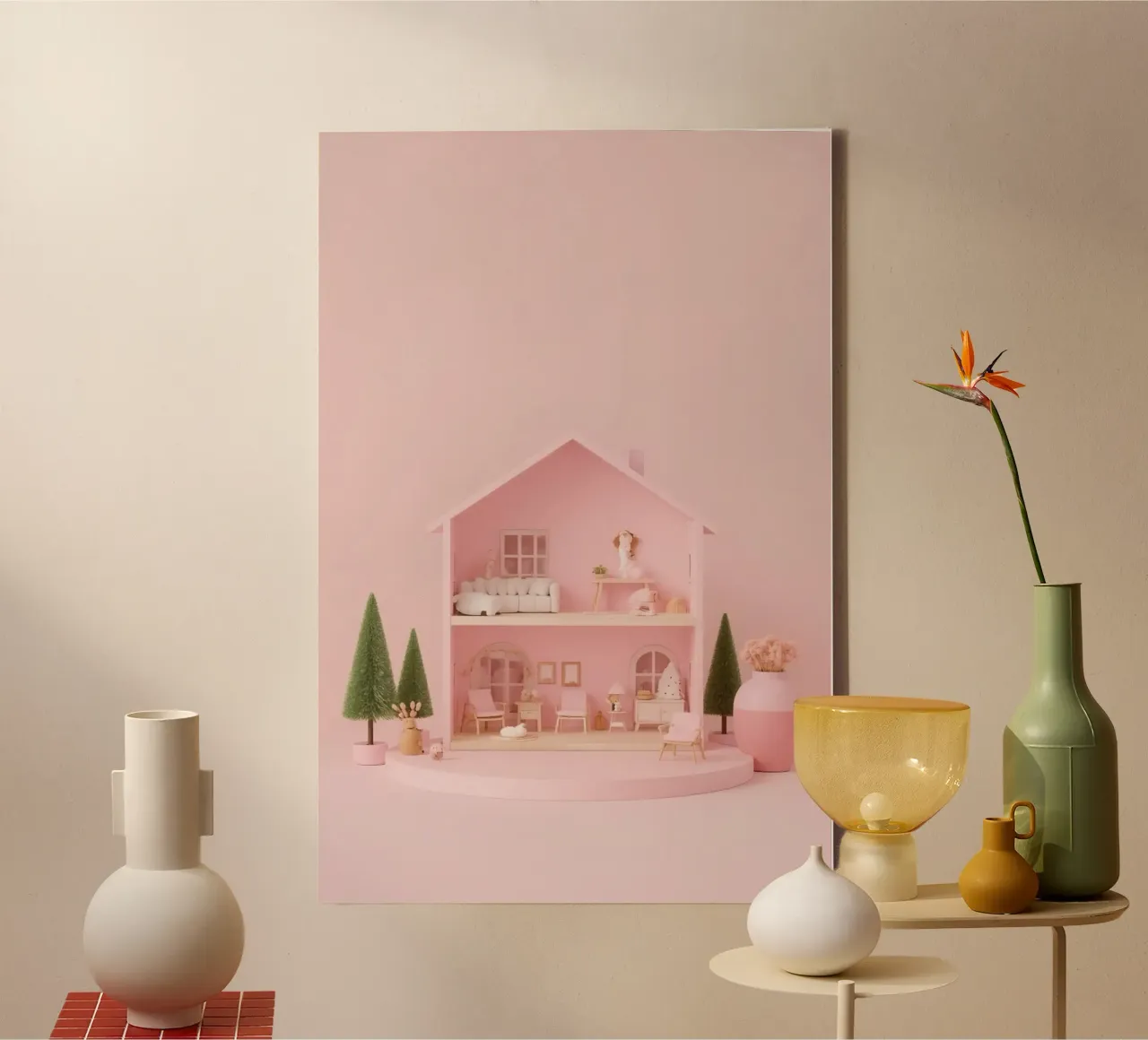 Casa delle bambole rosa a due piani, colore pastello tela con Cornice a cassetta da DesignDoodle